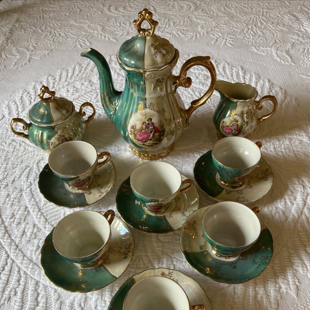 17 PIECE COURTING COUPLE ANTIQUE DEMITASSE TEA SET PERFECT PRISTINE